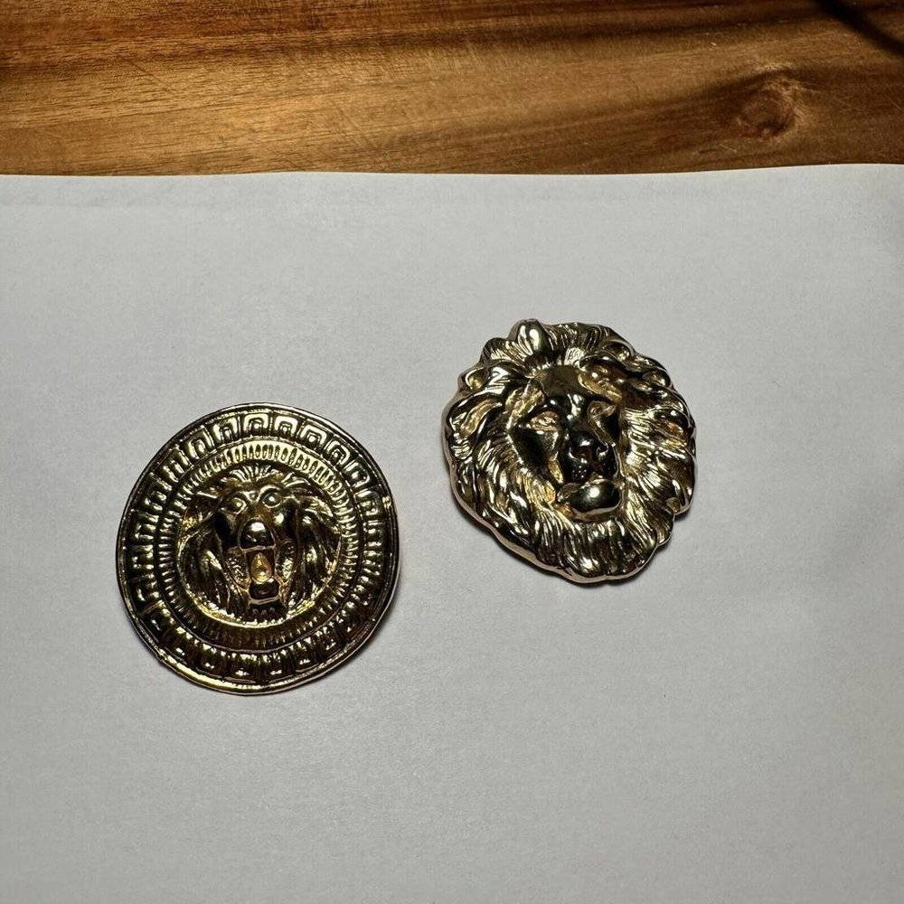 Lot of 2 Gold Tone Brooch Pins - Lion Heads